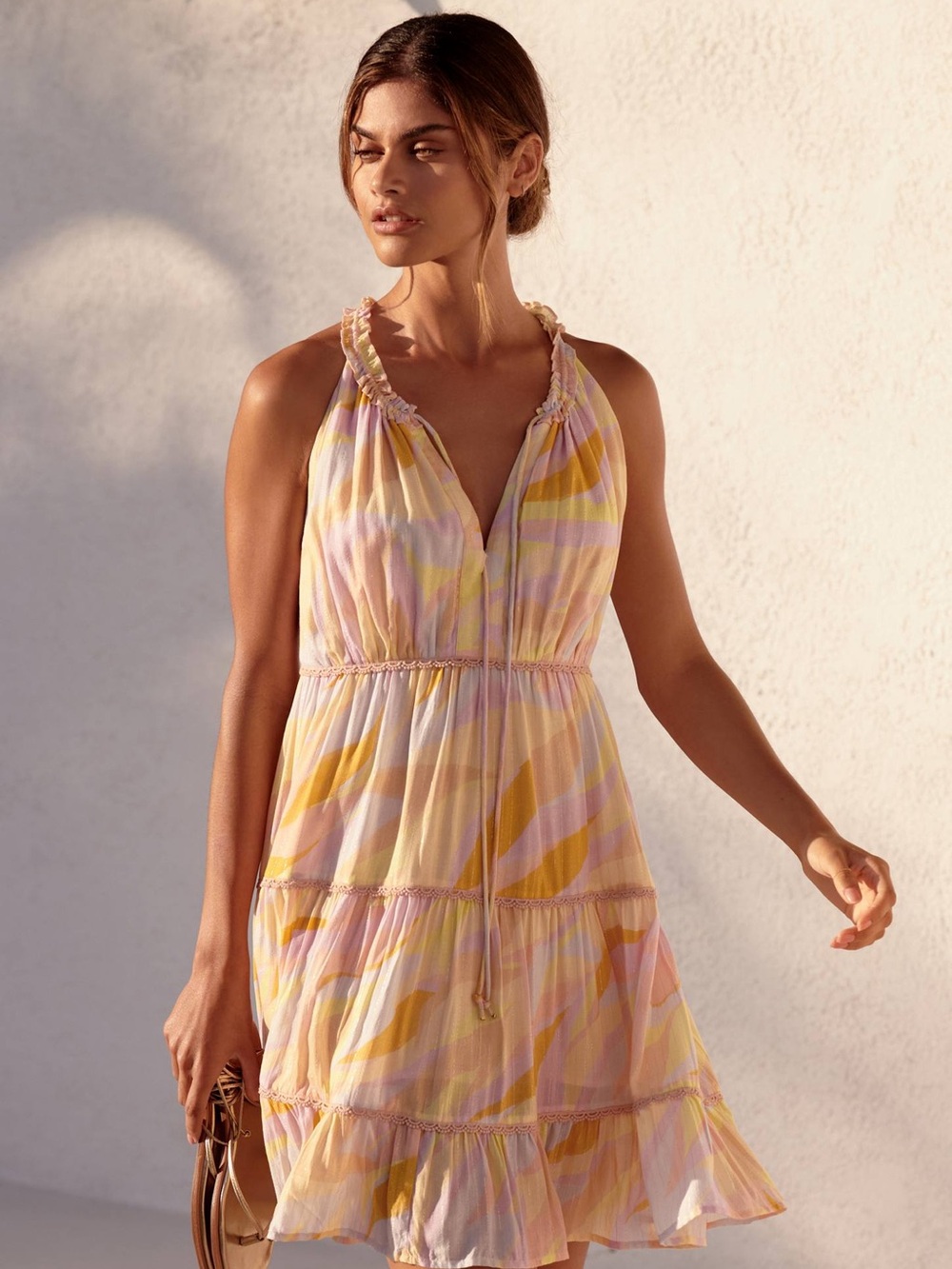 Anthropologie PQ Swim Mini Dress M/L Pastel Tiered Sleeveless Halter Pockets